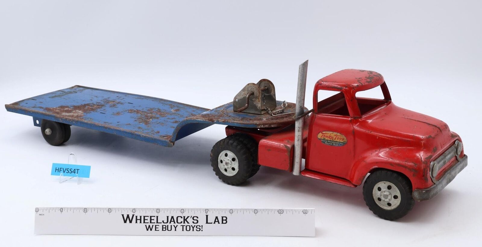 Red Truck & Blue Lowboy Trailer Pressed Steel 1950s Tonka Vintage Semi