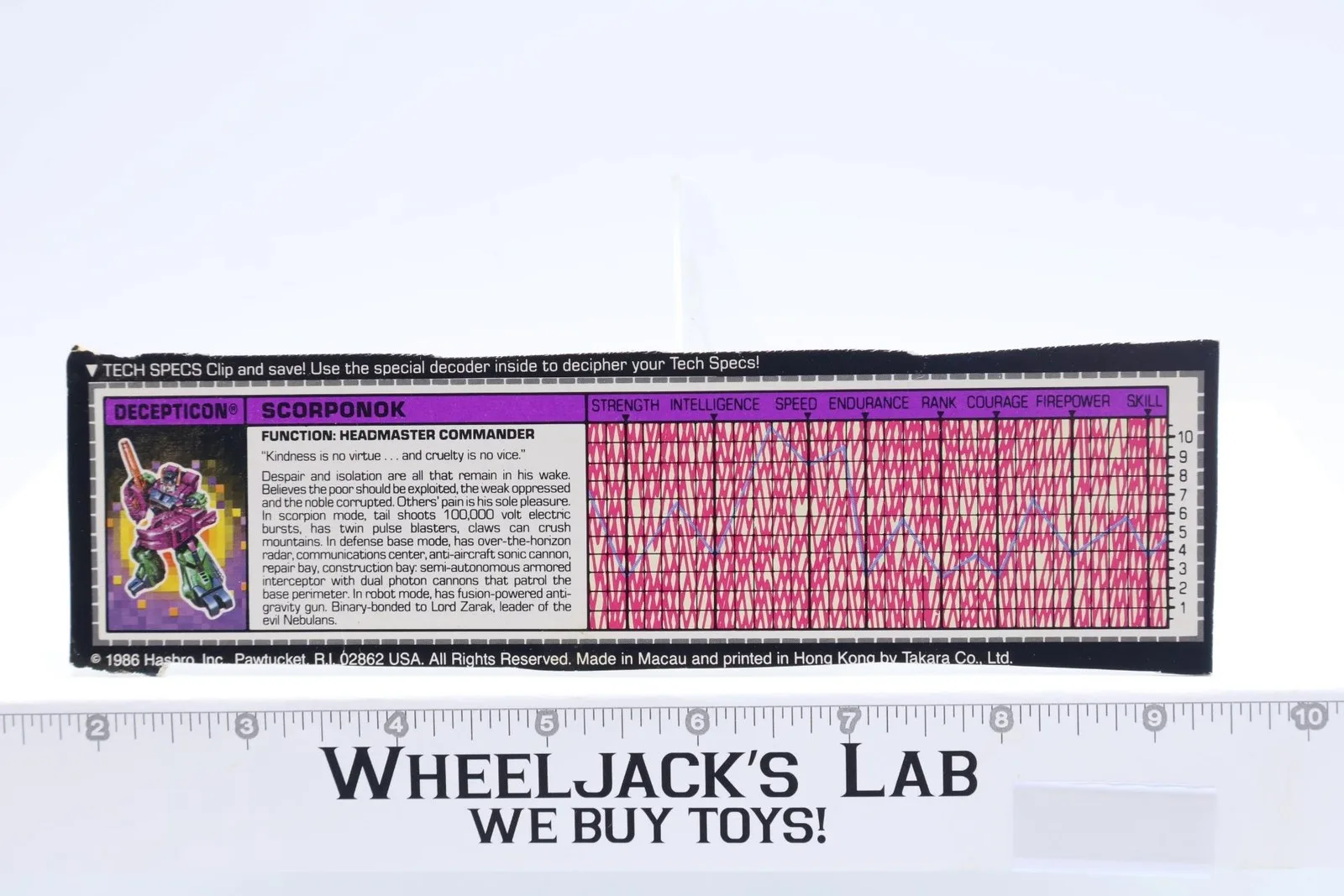 Scorponok Action Figure Tech Spec 1987 Vintage Hasbro G1 Transformers